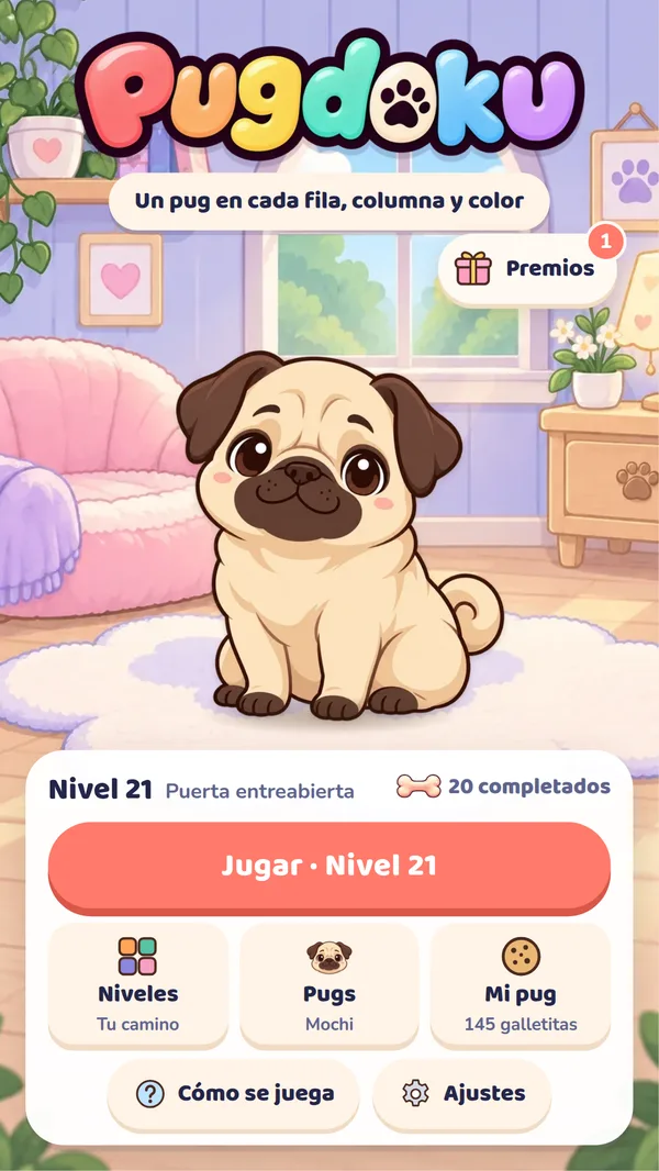 Pantalla de inicio con Mochi sentado en su habitación