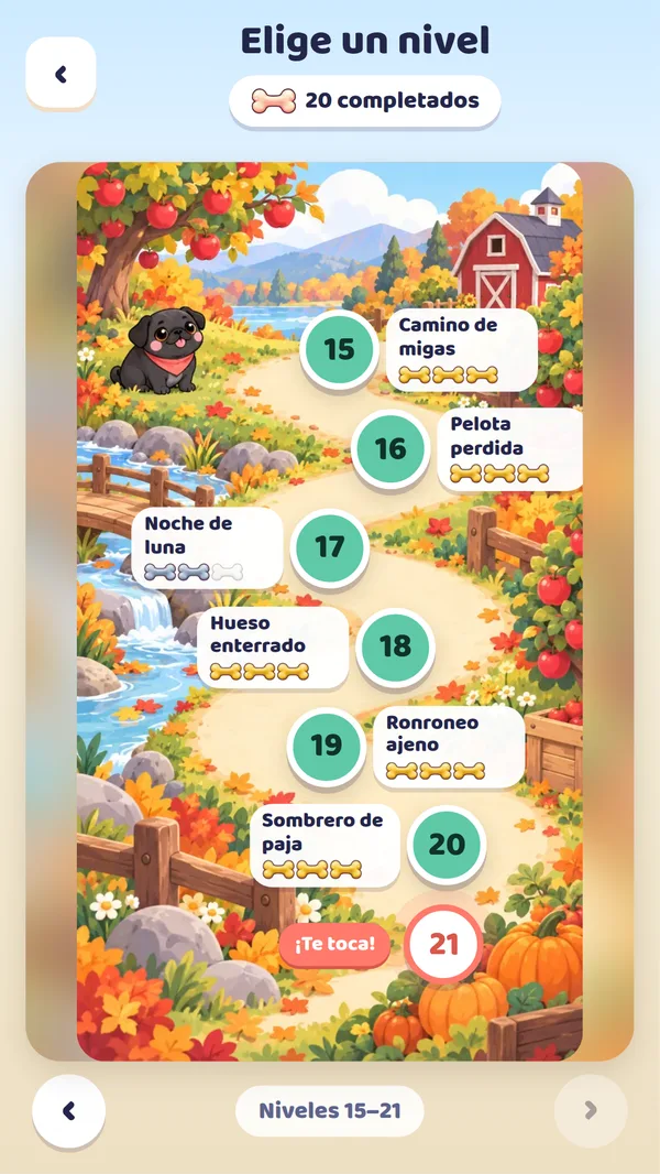Mapa de otoño para elegir nivel, con los niveles completados y el que toca